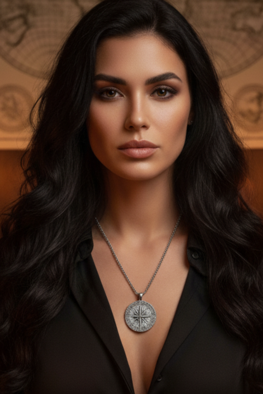 A woman with long dark hair wearing a black blazer and a large pendant necklace, looking directly at the camera.