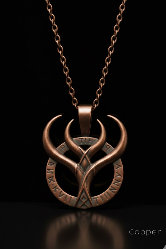 A copper-colored pendant necklace with a circular design featuring a stylized tree-like symbol and the text "P.T.I.F.E. 9".