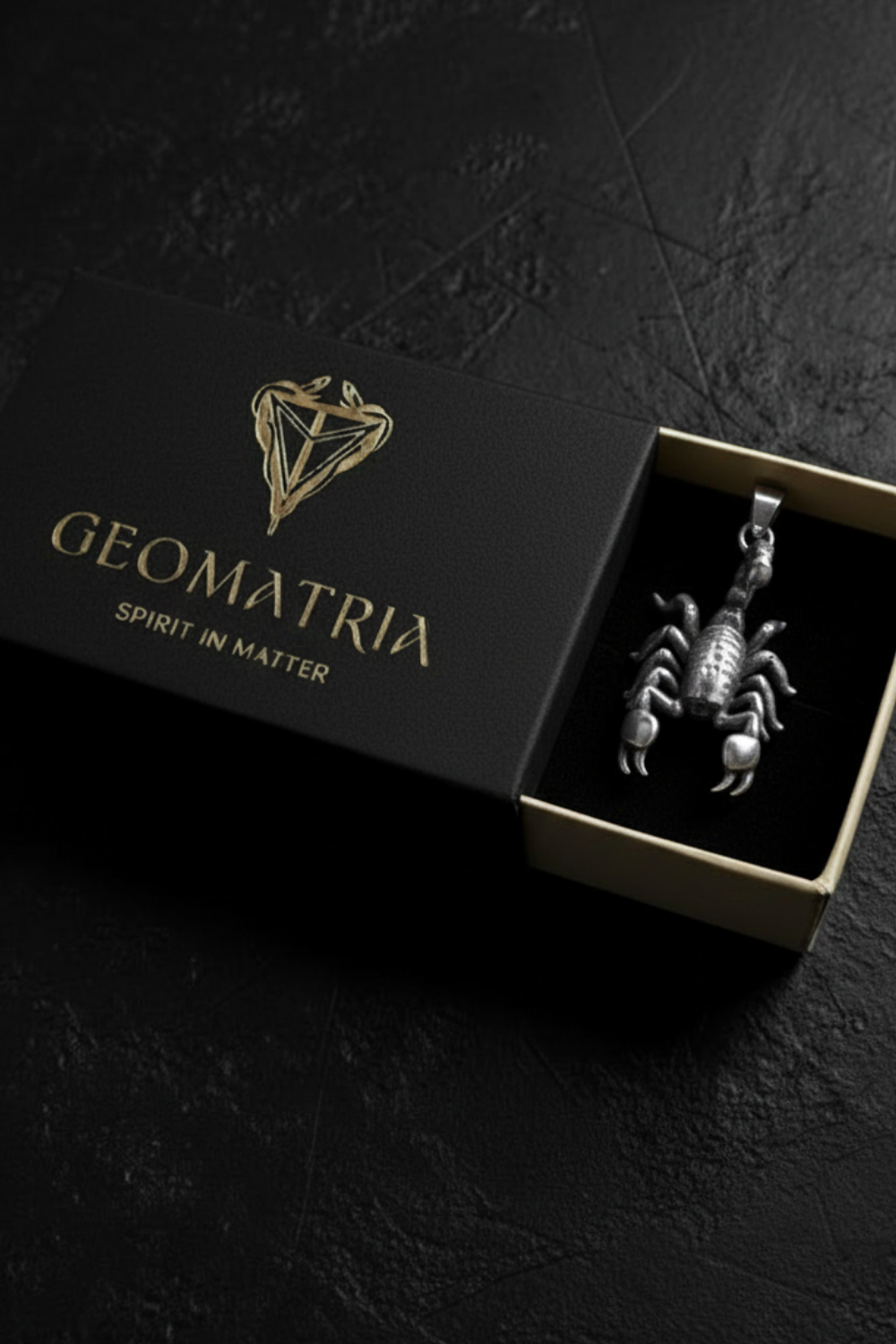 A black box with a gold logo and text, and a silver pendant in the box.