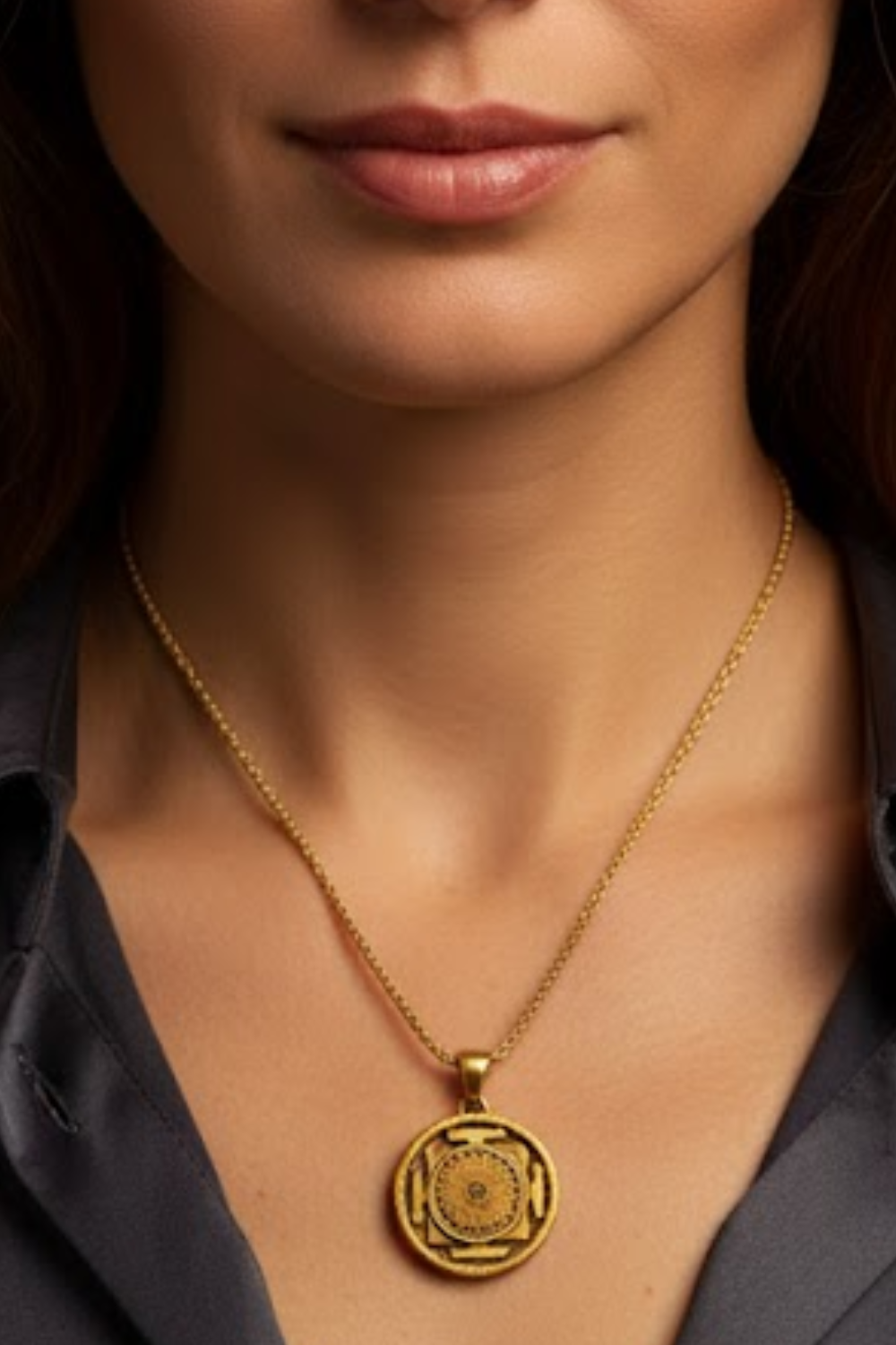 A close-up of a woman's neck and chest area, with a gold-colored pendant necklace featuring a circular medallion-like design.