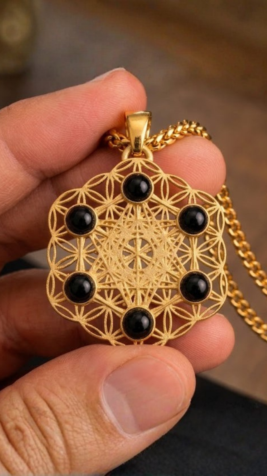 Metatron's Cube Necklace with Black Onyx | Symbol of Divine Protection & Spiritual Expansion | Handmade in 925 Sterling Silver, 24K Gold Plated, Bronze