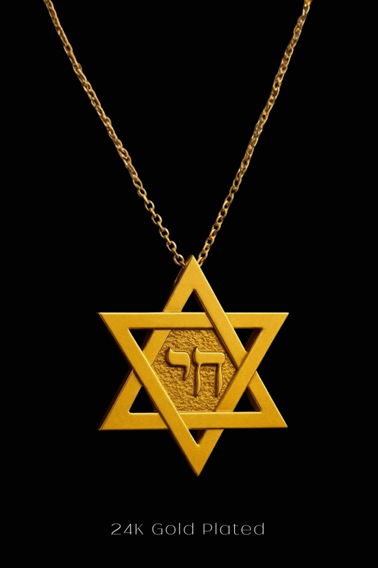 A 24k gold-plated necklace with a Star of David pendant against a black background.