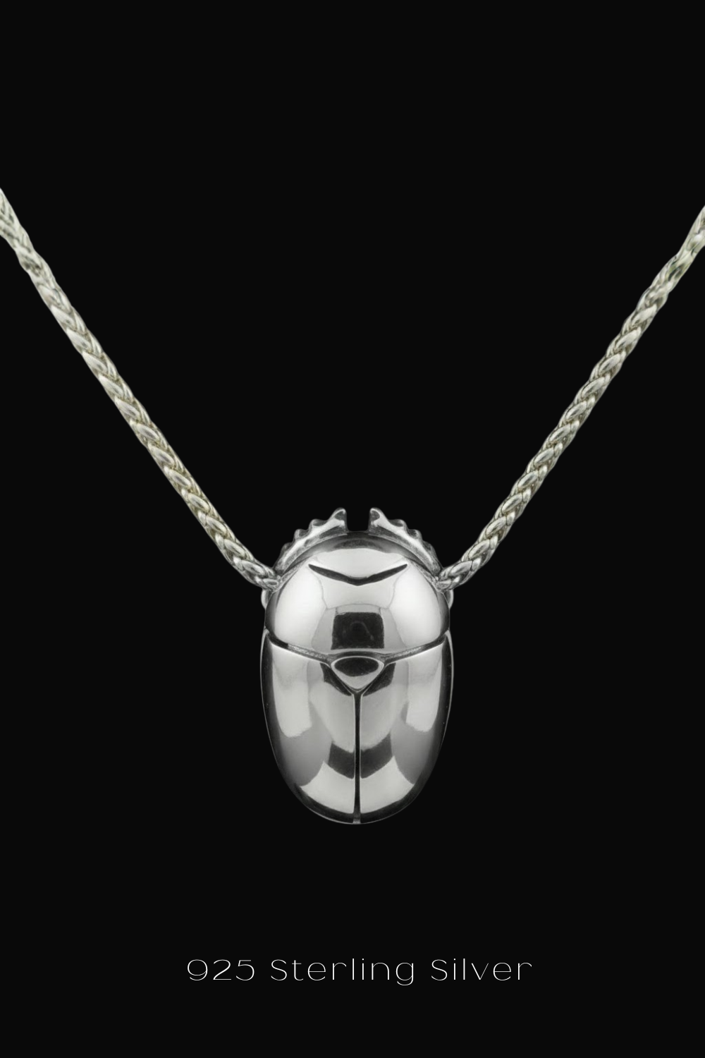 A silver necklace with a pendant in the shape of a beetle, suspended from a silver chain against a black background.