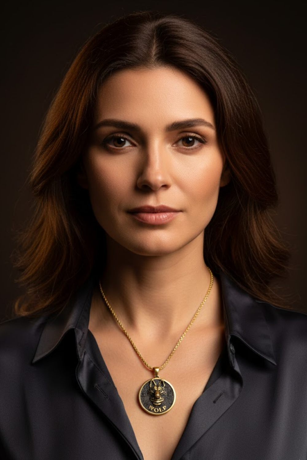 A portrait of a woman with long brown hair wearing a necklace with a pendant.