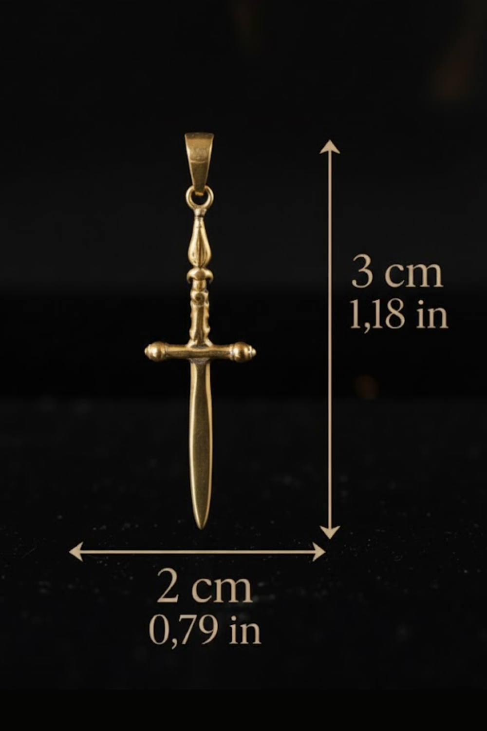 A gold-colored pendant in the shape of a sword, with measurements provided.