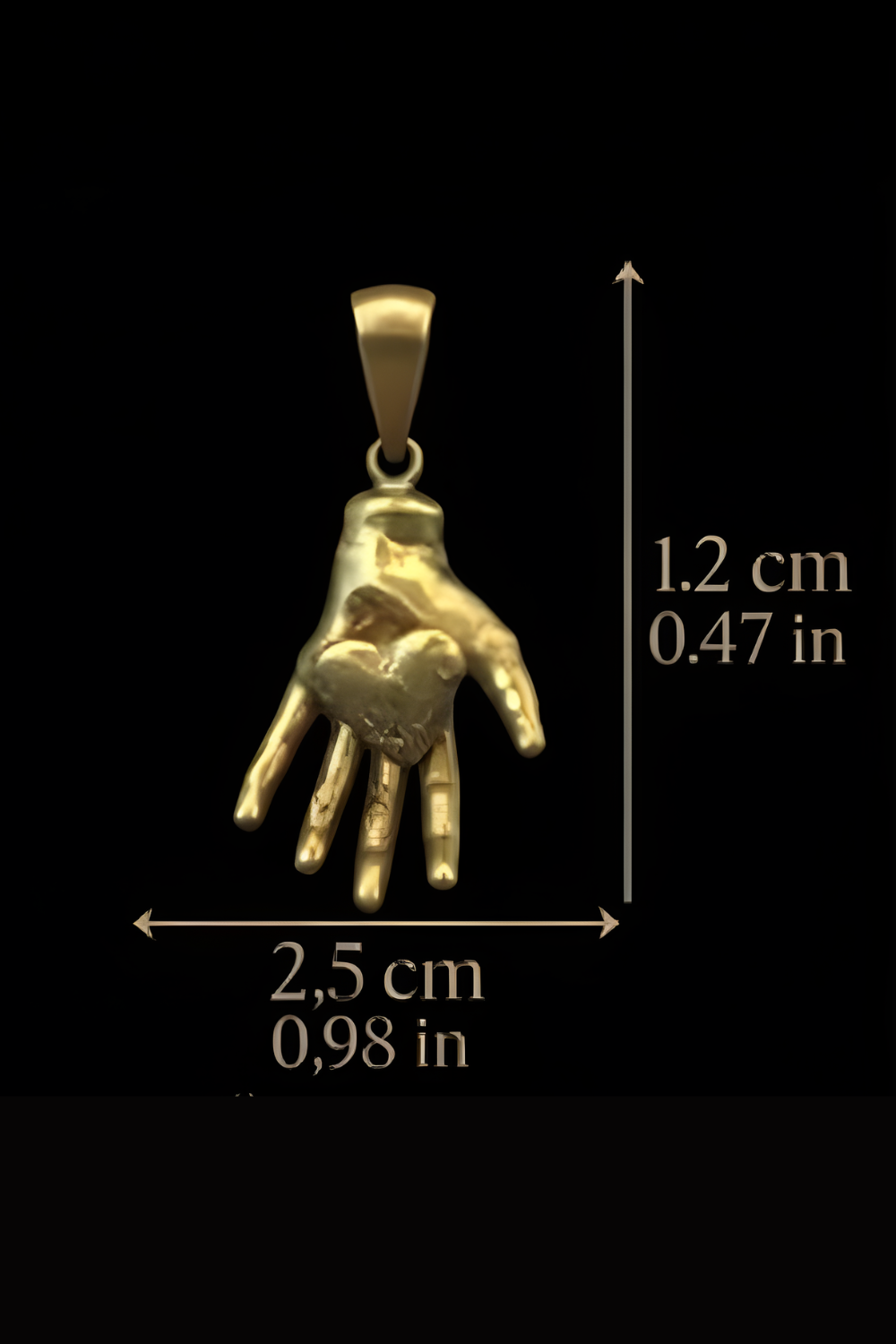 A gold-colored pendant in the shape of a hand, with measurements provided.