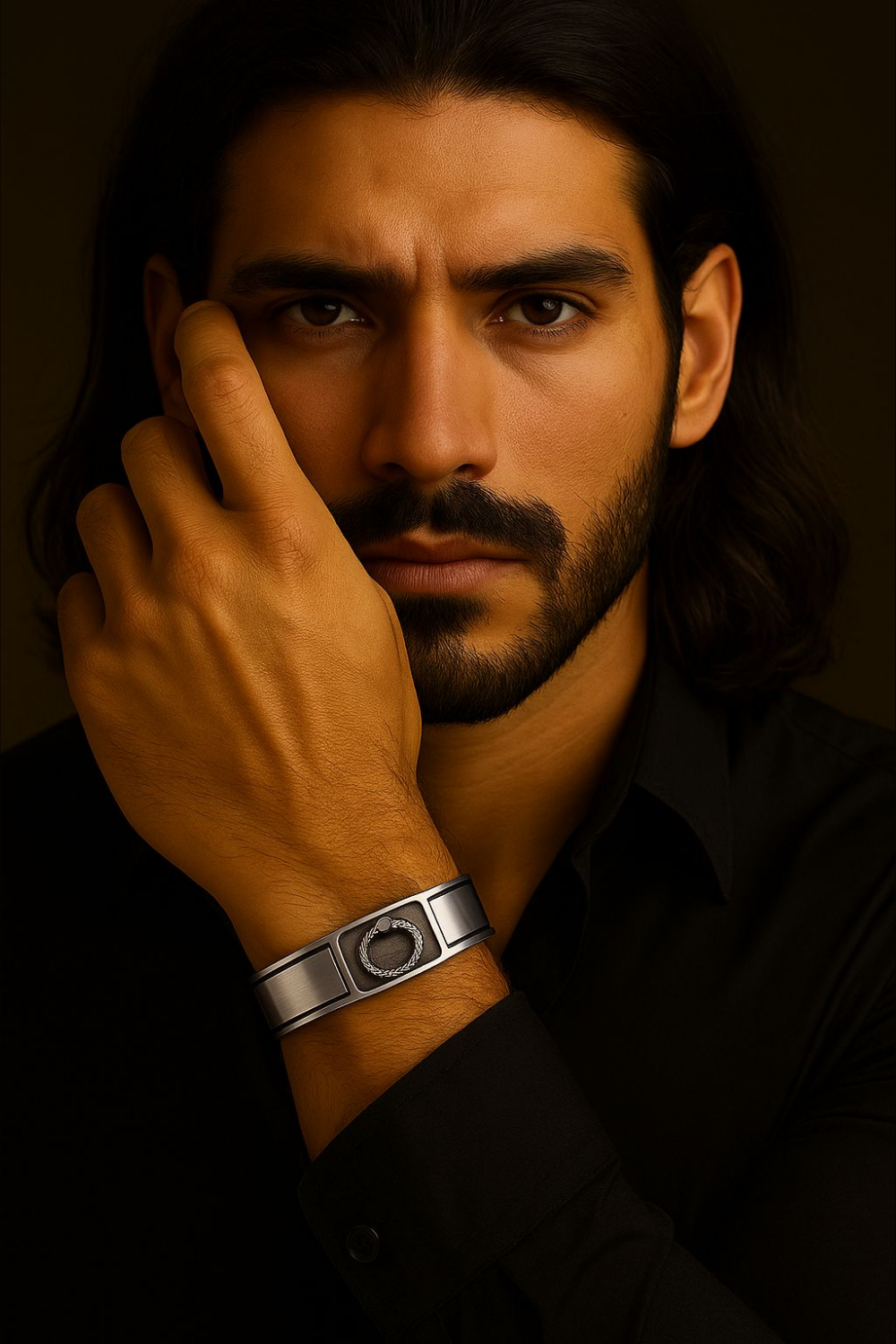 A man with long dark hair and a beard wearing a black shirt and a silver watch on his left wrist, looking directly at the camera with a serious expression.