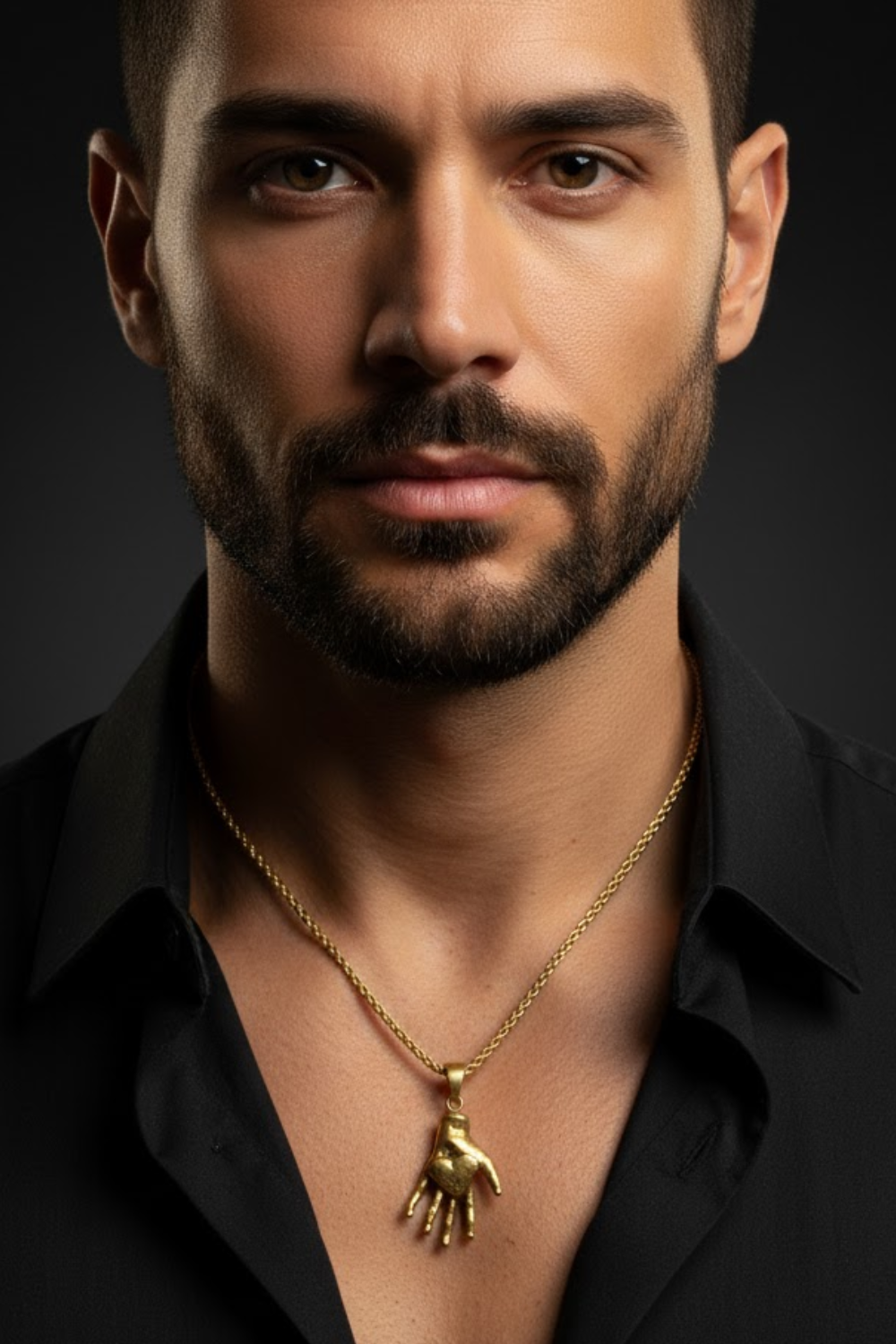 A close-up portrait of a man with a beard wearing a black shirt and a gold necklace with a pendant.