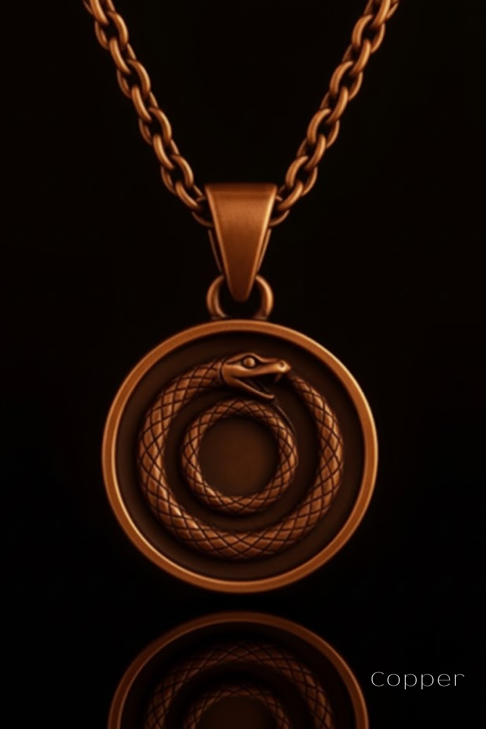 A copper-colored pendant necklace with a circular design featuring a coiled snake.