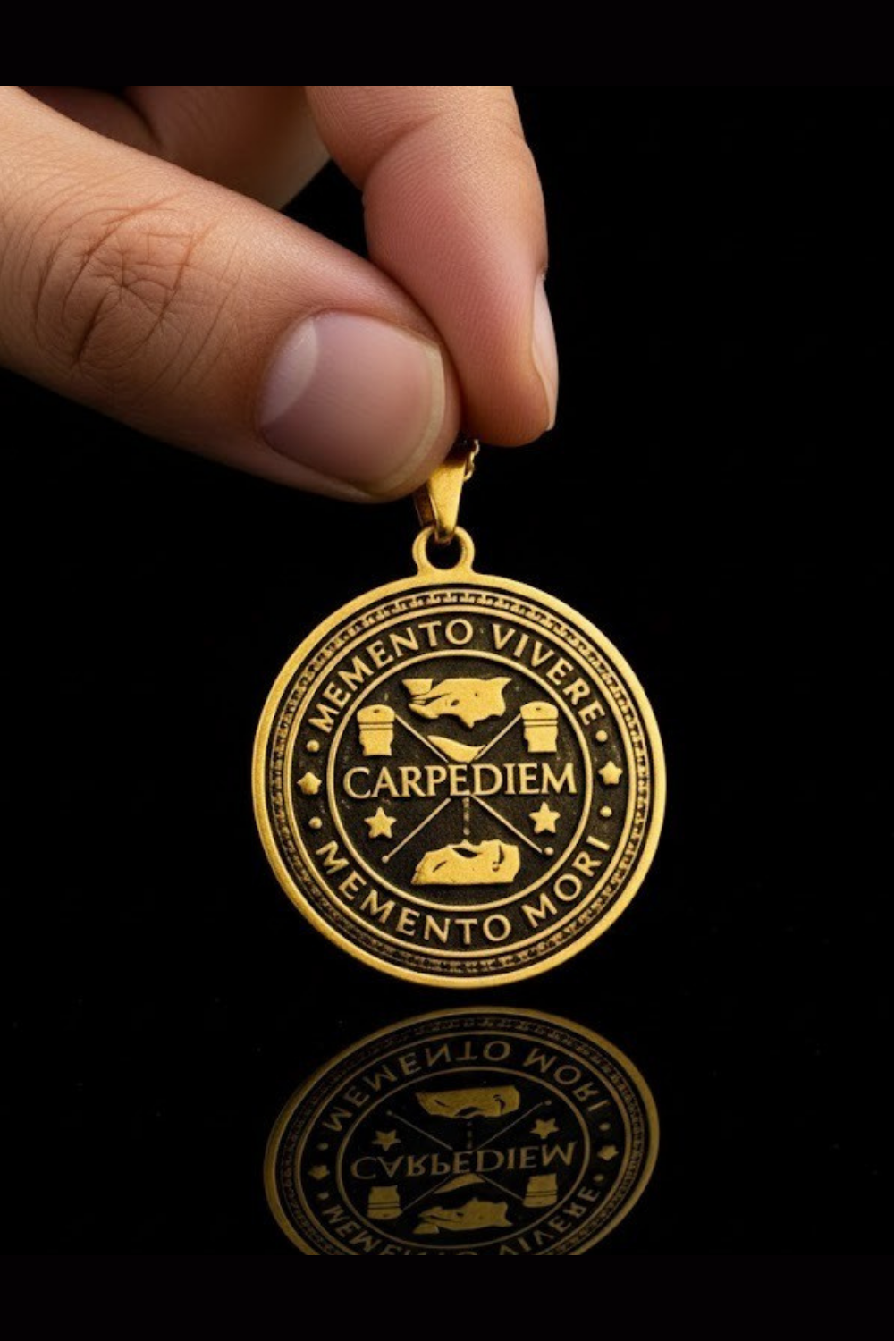 A hand holding a gold-colored pendant with the Latin motto "Memento vivere" inscribed on it.