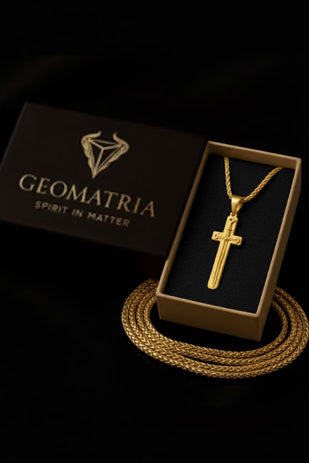 A gold cross pendant necklace is displayed in a gold box with the text "Geomatria SPIRIT IN MATTERS" on the box.