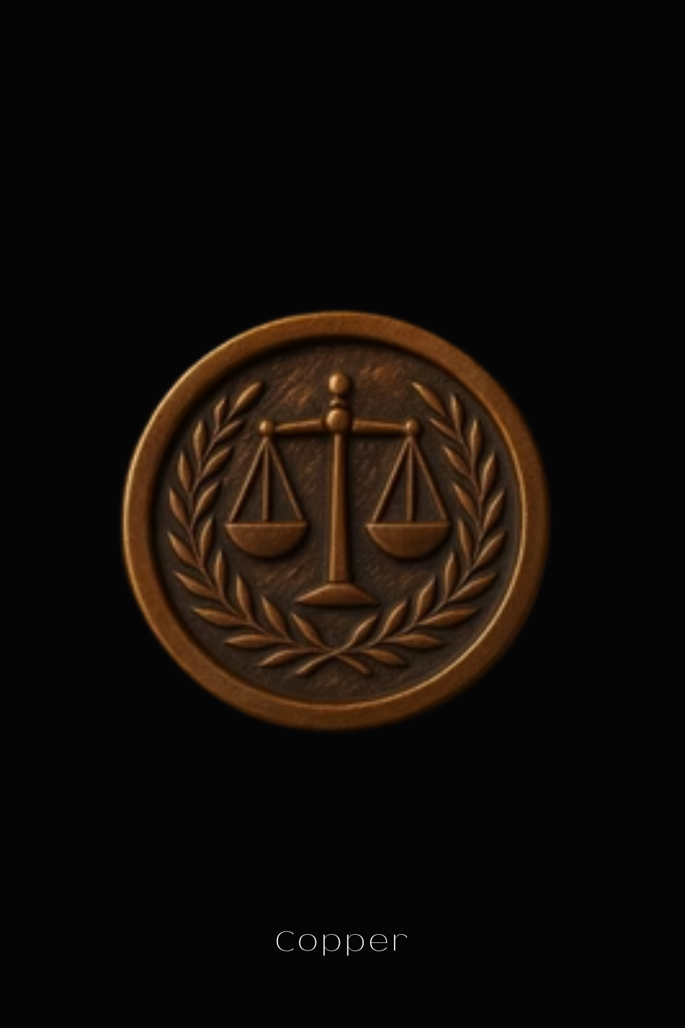 a bronze-colored emblem with a scale and laurel wreath design, set against a black background.