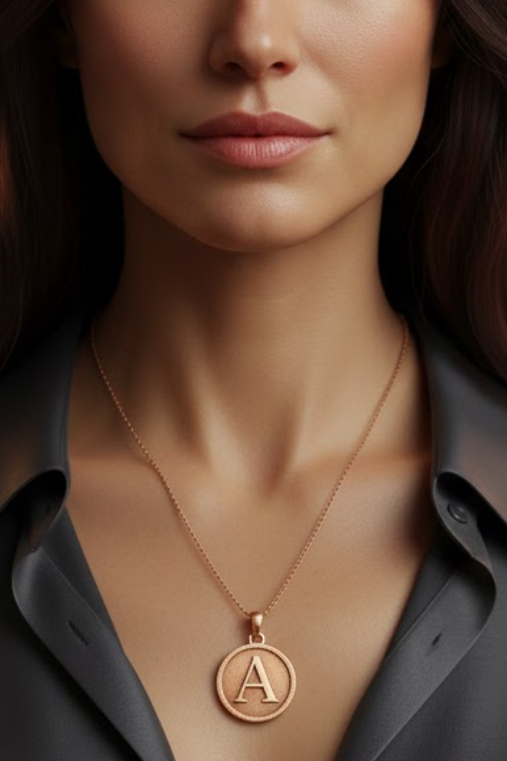 A close-up of a woman's neck and chest area, with a gold-colored pendant necklace featuring a large letter 'A' hanging from it.