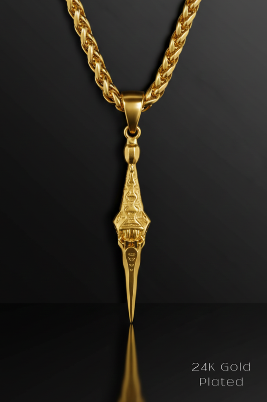 A 24K gold plated pendant with a chain is displayed against a black background.