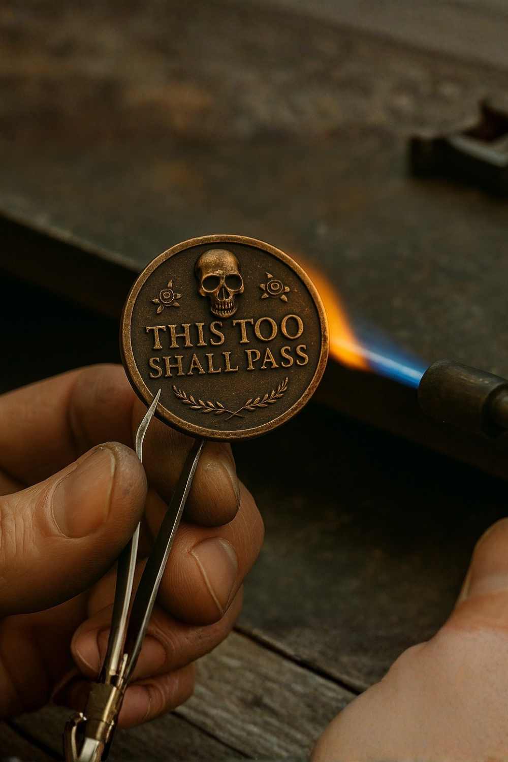 A person is holding a coin with a skull and flame on it, using a tool to manipulate the coin.