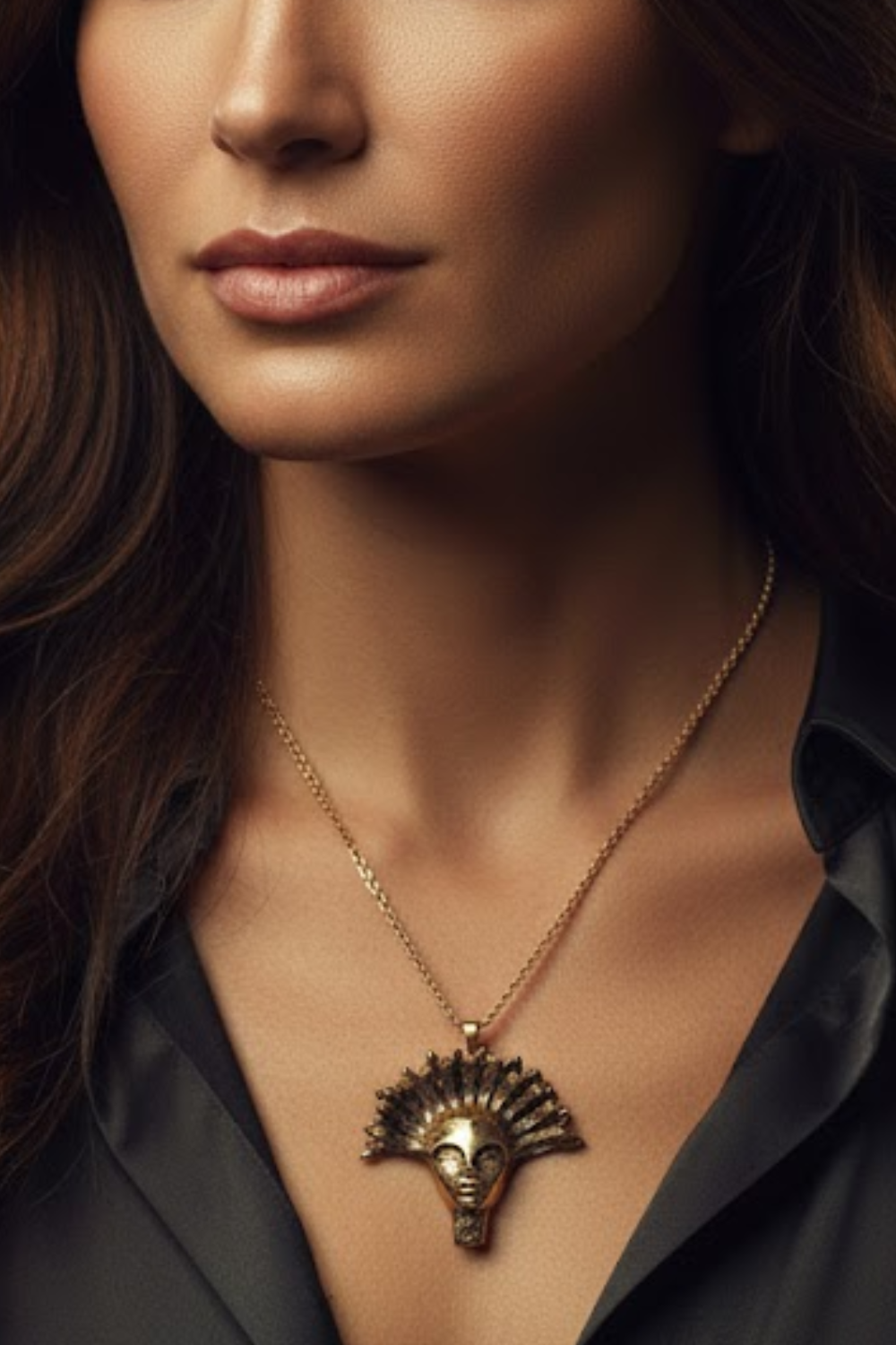 A close-up of a woman's neck and chest area, with a gold necklace featuring a pendant hanging from her neck.