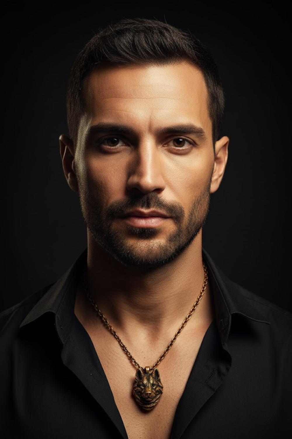 A man with a beard wearing a black shirt and a necklace with a pendant is the focus of the image.