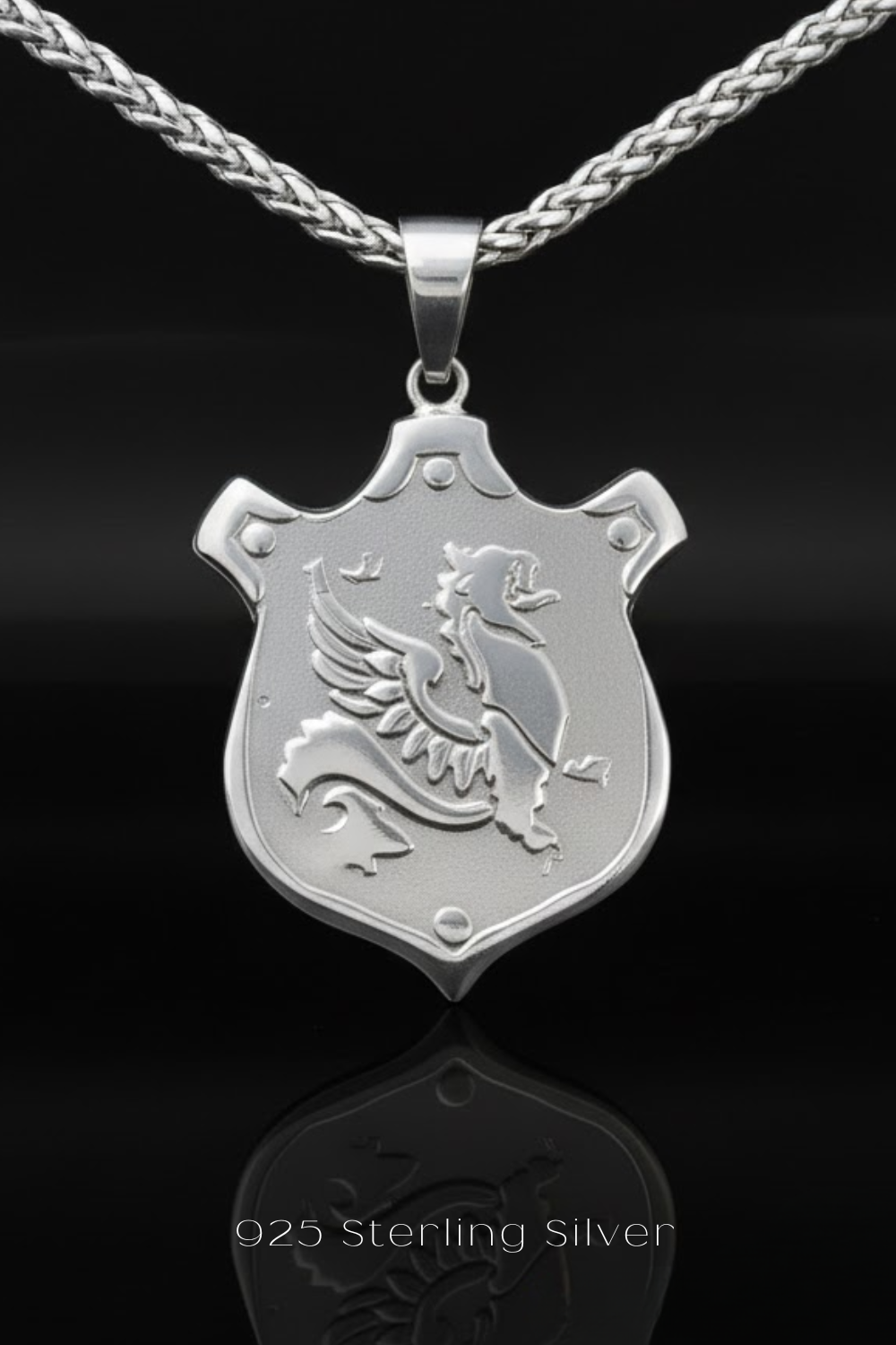A silver pendant necklace with a shield-shaped pendant featuring a winged lion design.