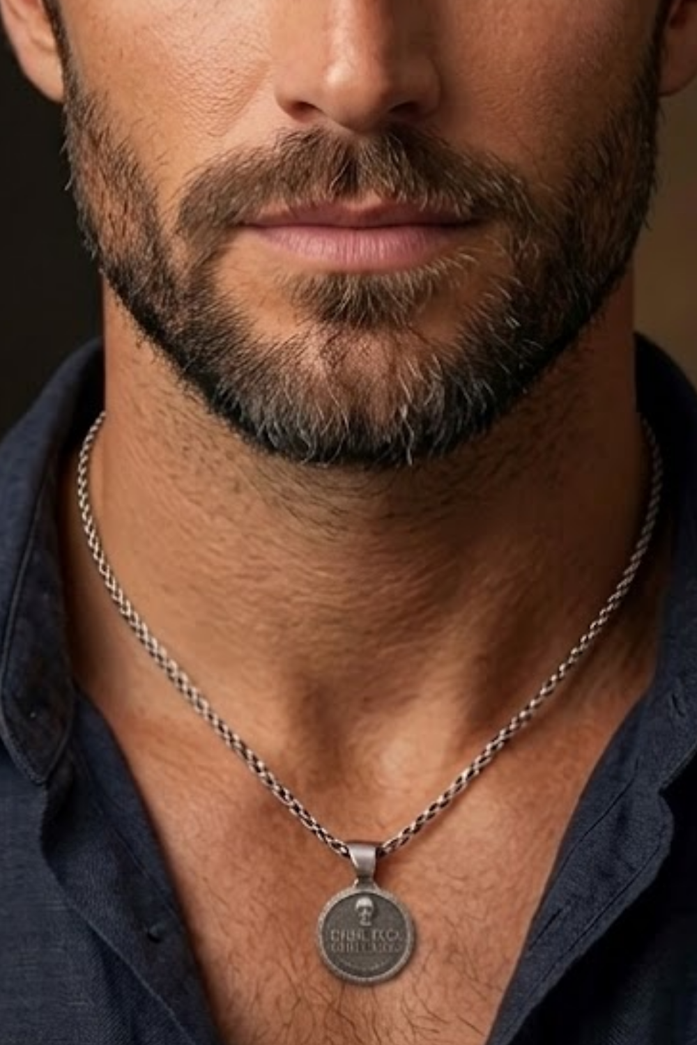 A close-up of a man's neck and chest area, with a silver necklace and a round pendant visible.