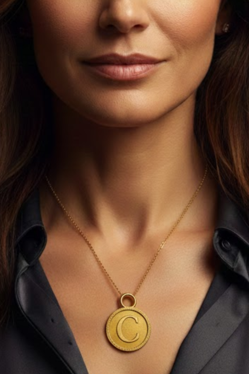 A close-up of a woman's neck and chest area, with a gold-colored pendant featuring the letter 'C' hanging from a necklace.
