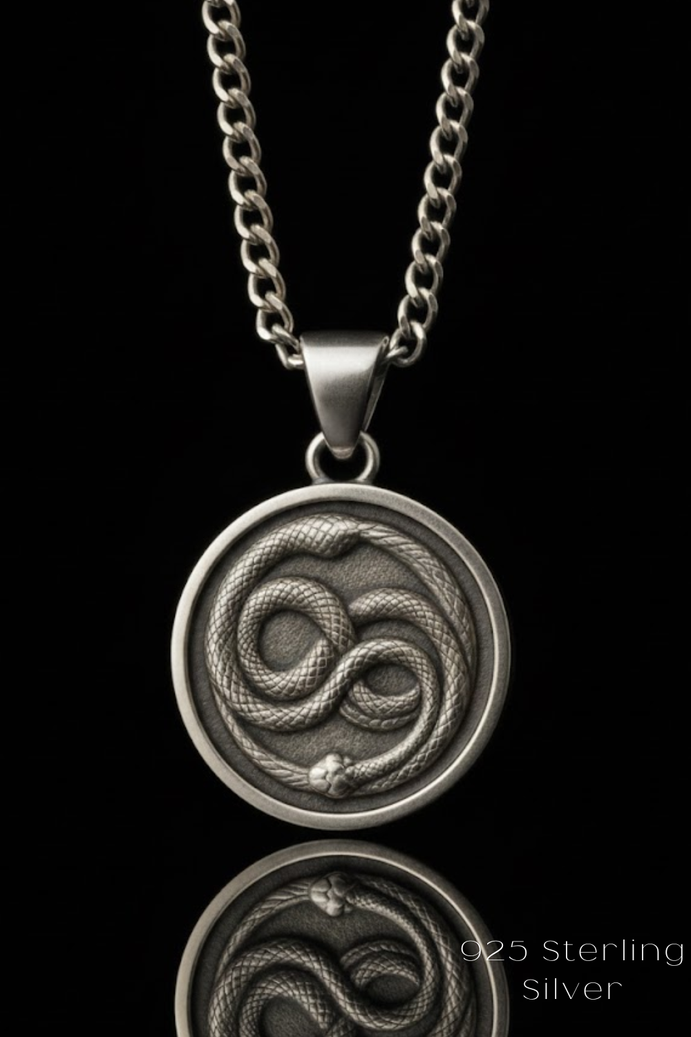 A silver pendant necklace with a circular pendant featuring a detailed snake design.
