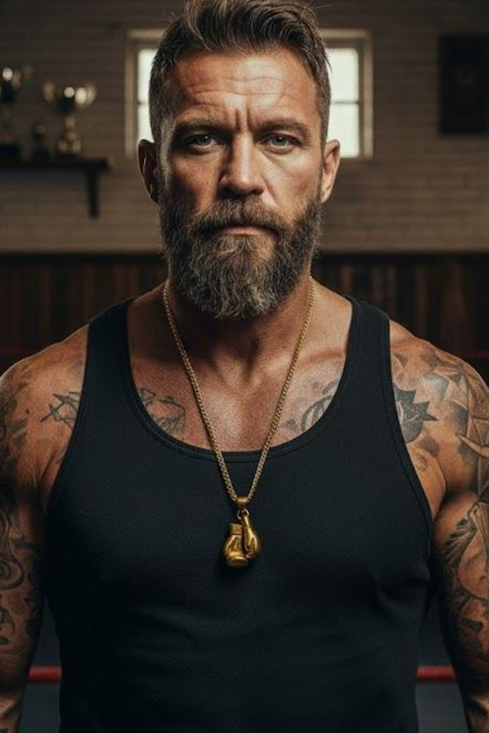 A man with a beard wearing a black tank top and a gold chain necklace, standing in a room with a brick wall and a window.