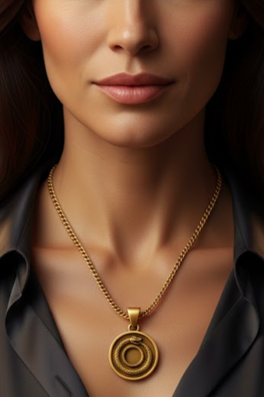 A close-up of a woman's neck and chest area, with a gold necklace featuring a pendant.