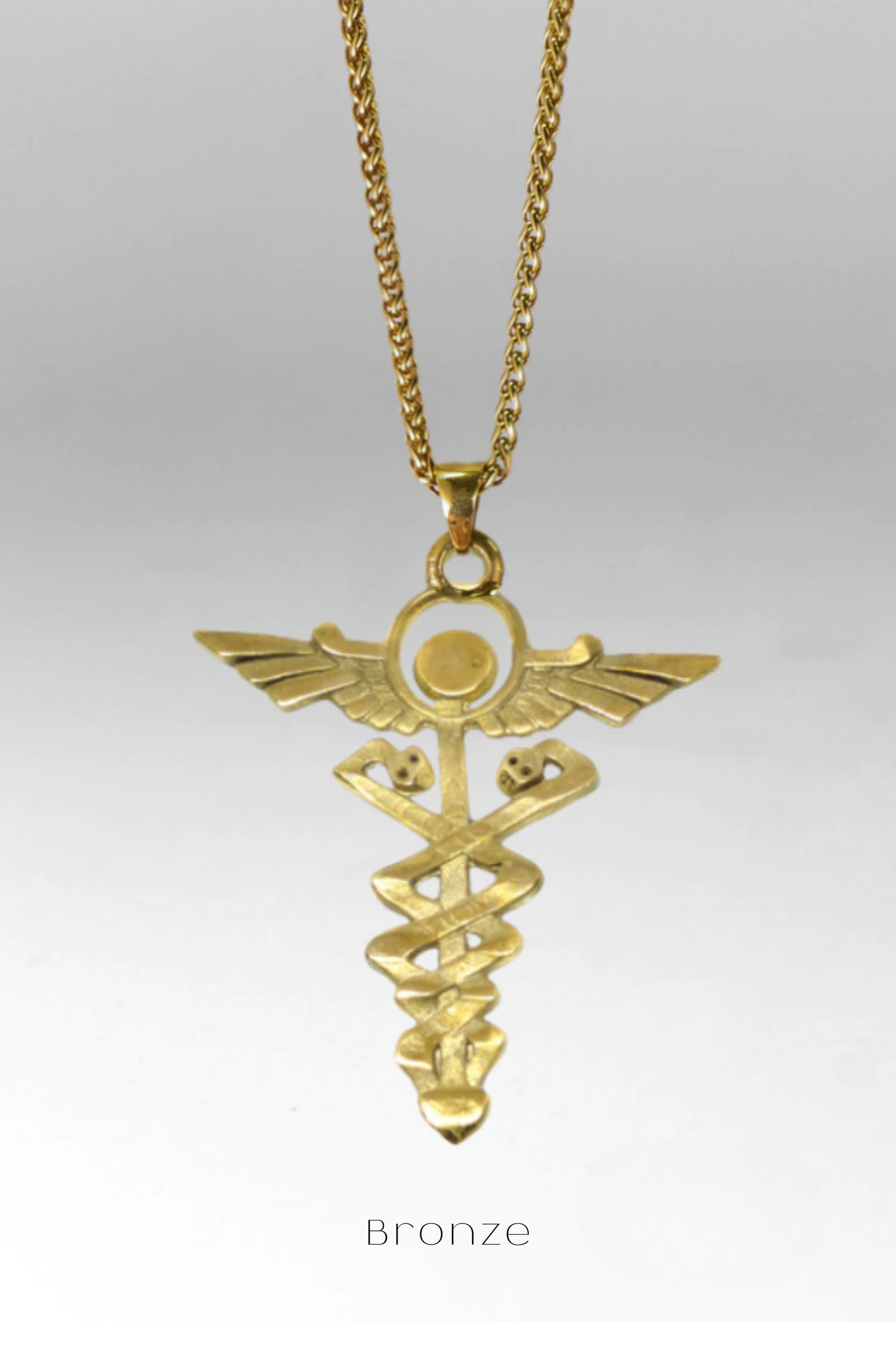Collar de Caduceo – Colgante hecho a mano en bronce, plata de ley y baño de oro de 24 quilates | Joyería unisex simbólica de equilibrio y sanación 
