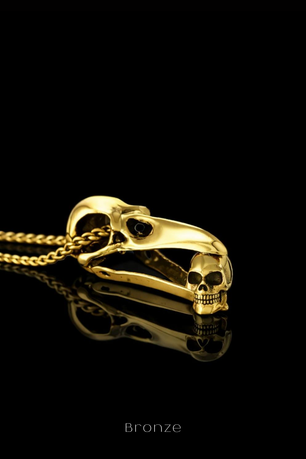 Raven Skull Necklace with Mini Human Skull – Bronze & Silver-Plated Finish | Limited Edition