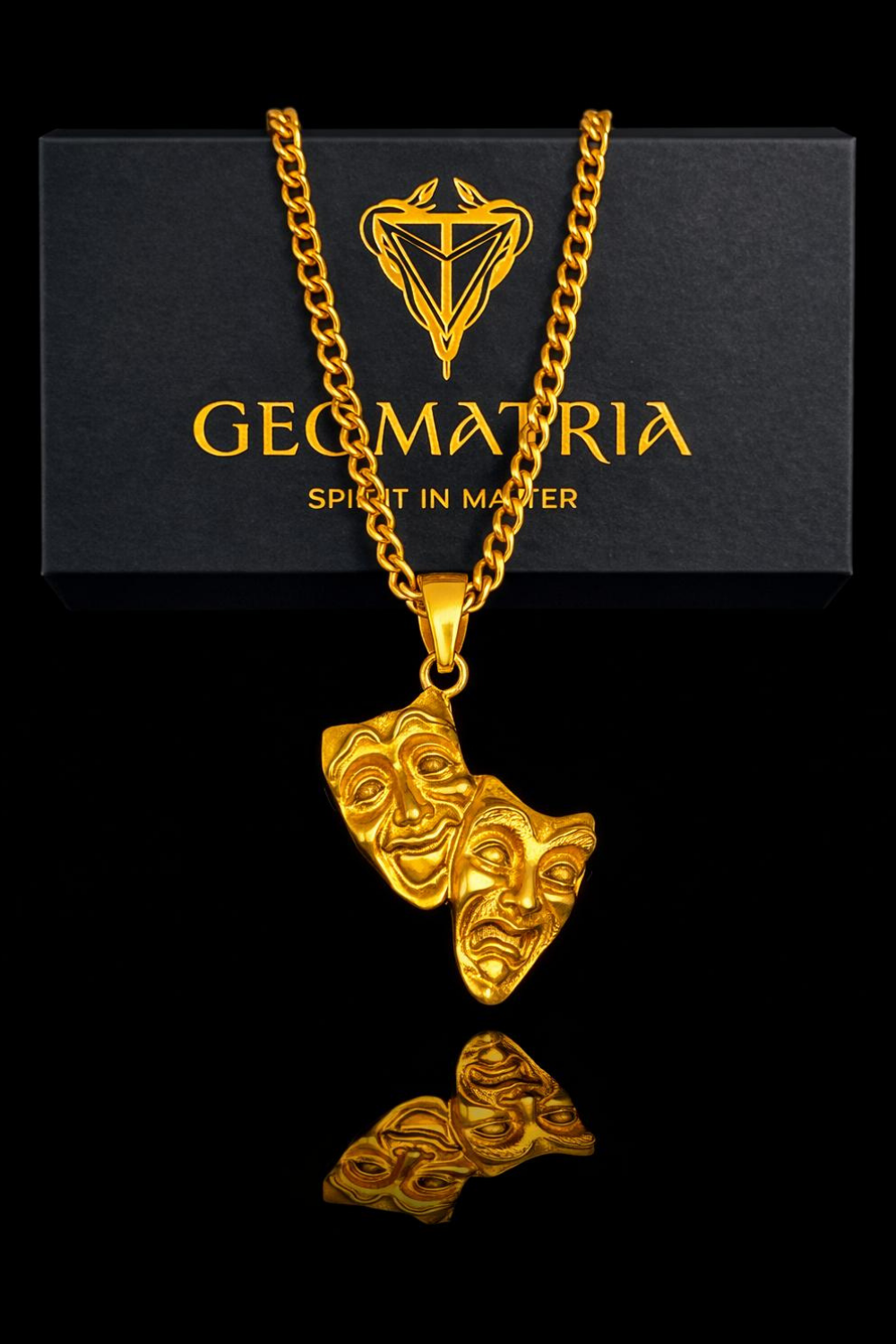 Theater Mask Necklace – Handmade Drama Pendant in Bronze, Sterling Silver & 24K Gold Plated