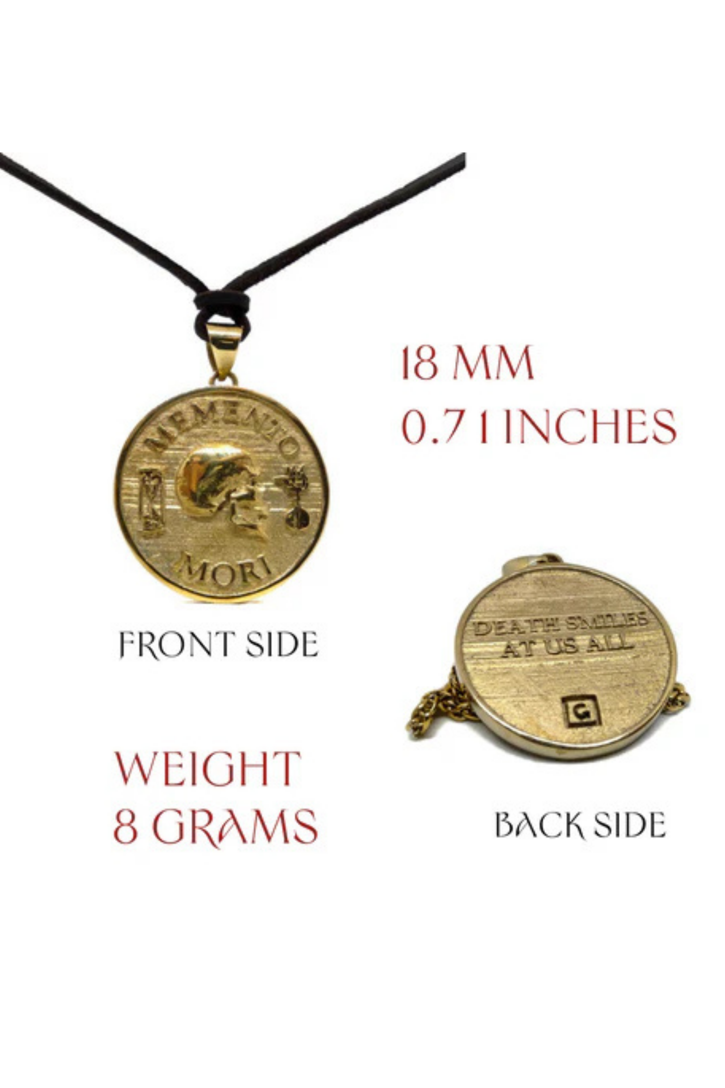 Collar con colgante pequeño Memento Mori: joyería estoica hecha a mano en plata de ley, bronce, cobre y baño de oro de 24 quilates.