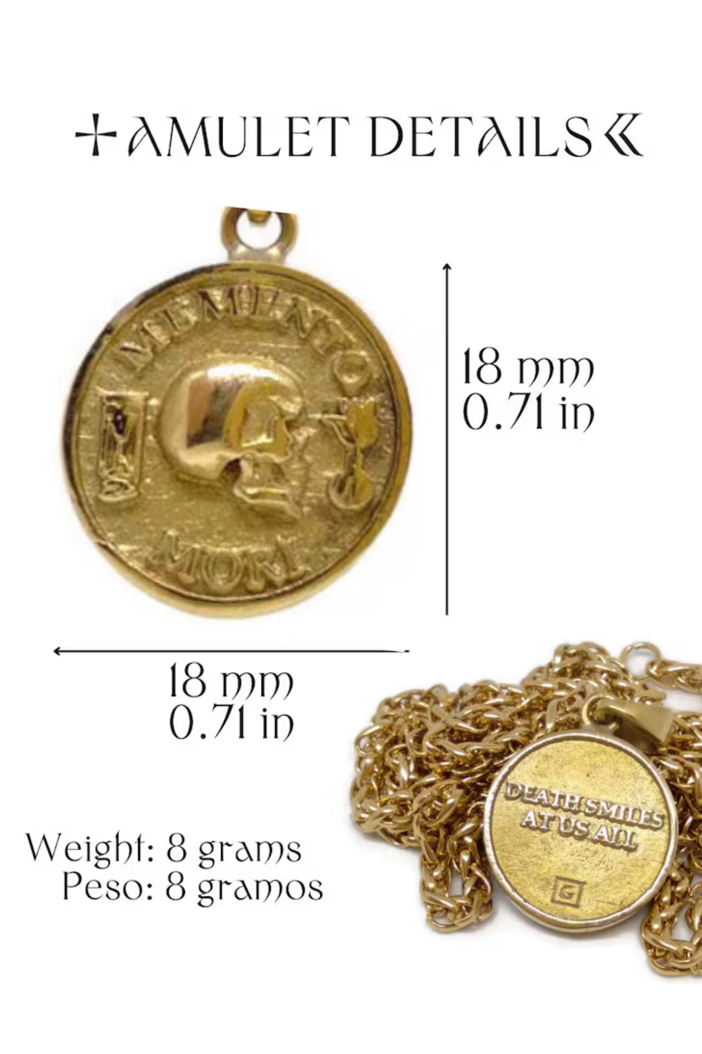 Collar pequeño Memento Mori en oro de 18 quilates: colgante estoico hecho a mano que representa sabiduría y fuerza.