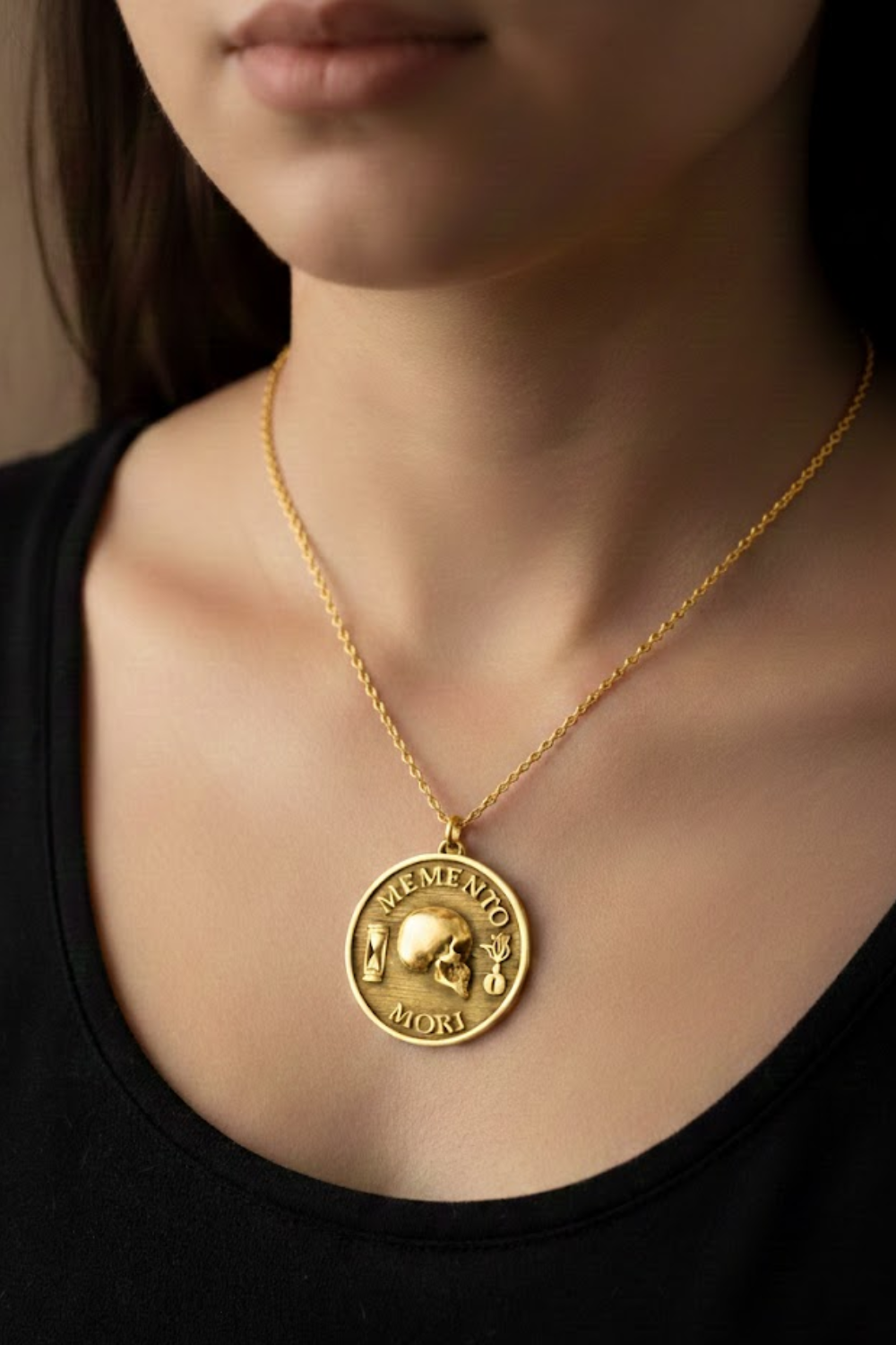 Memento Mori Necklace Large (4 cm) | Stoic Talisman of Awareness & Purpose | Handmade in 925 Sterling Silver, 24K Gold Plated, Bronze