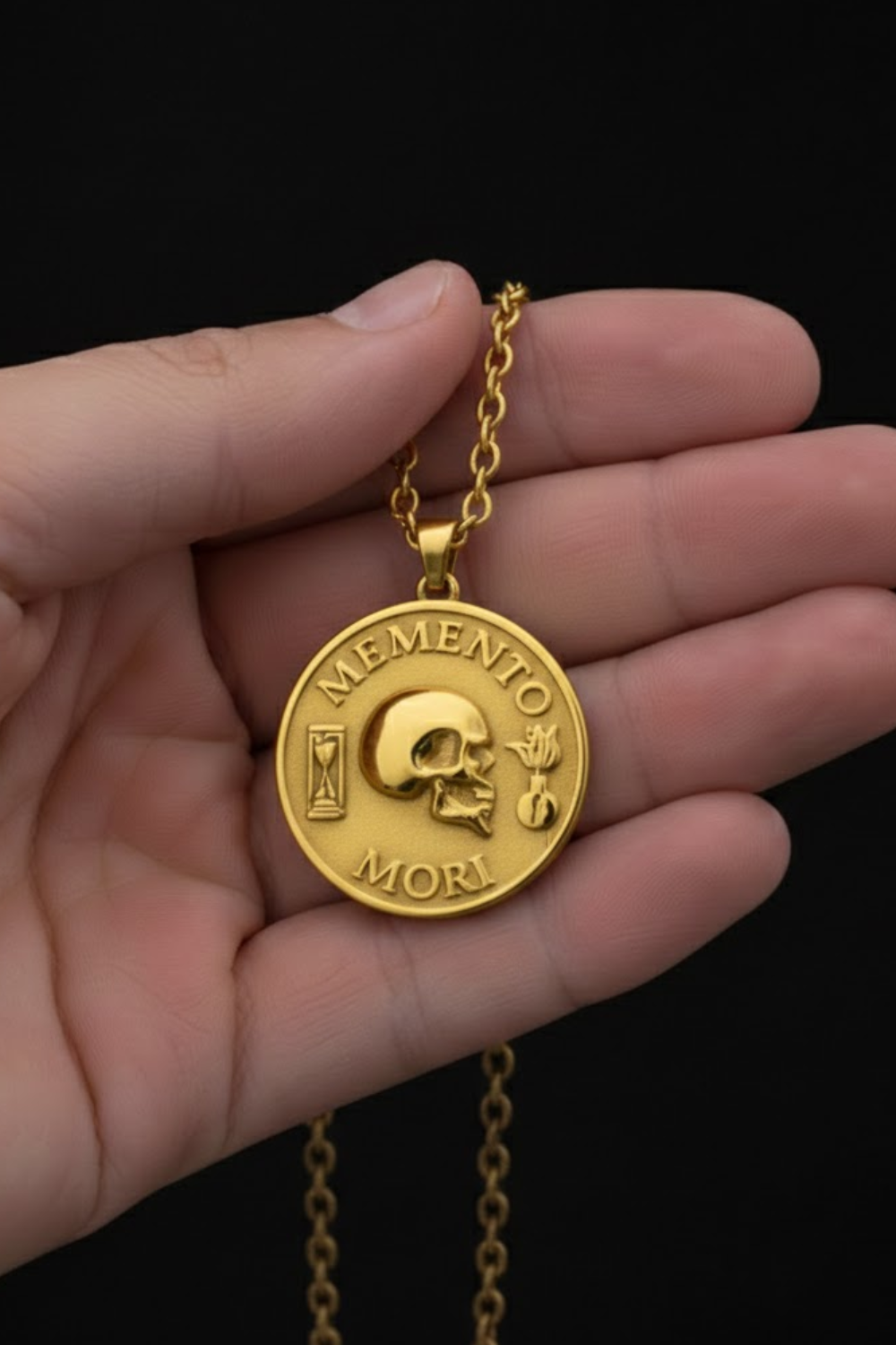 Memento Mori Necklace Large (4 cm) | Stoic Talisman of Awareness & Purpose | Handmade in 925 Sterling Silver, 24K Gold Plated, Bronze