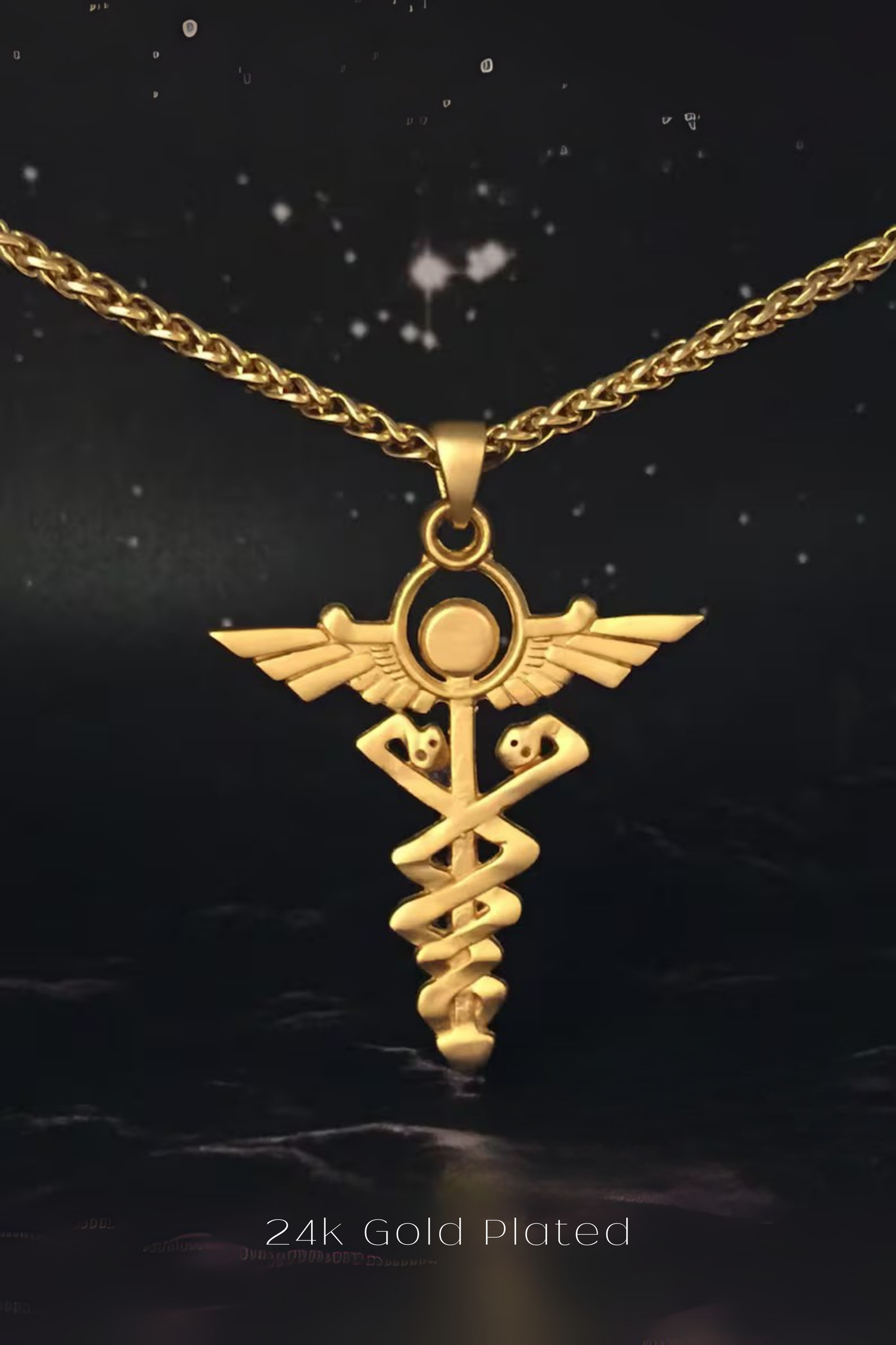 Collar de Caduceo – Colgante hecho a mano en bronce, plata de ley y baño de oro de 24 quilates | Joyería unisex simbólica de equilibrio y sanación 