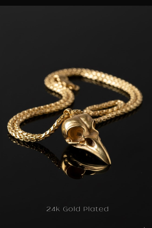 Raven Skull Necklace | Symbol of Wisdom, Transformation & Mystery | Handmade in 925 Sterling Silver, 24K Gold Plated, Copper