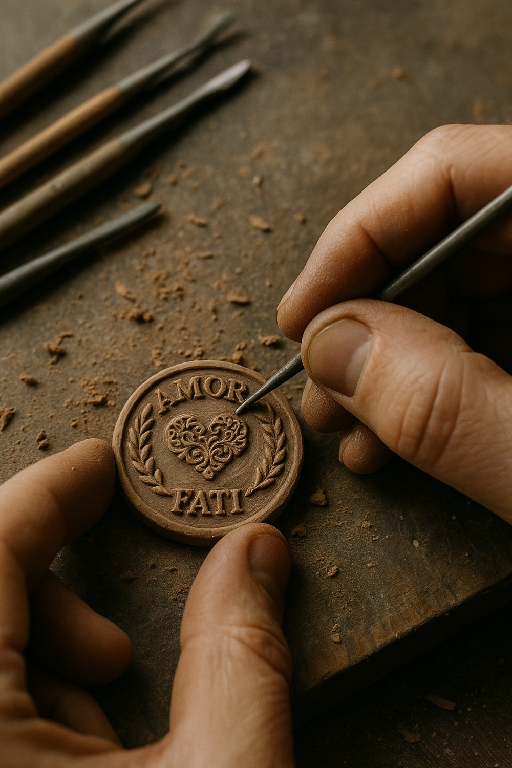 A person's hands are carefully crafting a small, circular object with a heart-shaped design and the words "Amor Fati" carved into it.