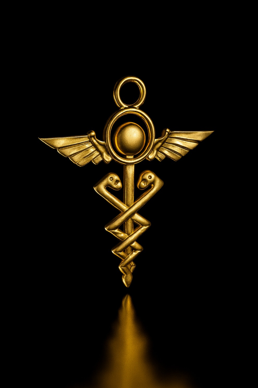A golden medical symbol, resembling a crescent moon and a snake, is prominently displayed against a black background.