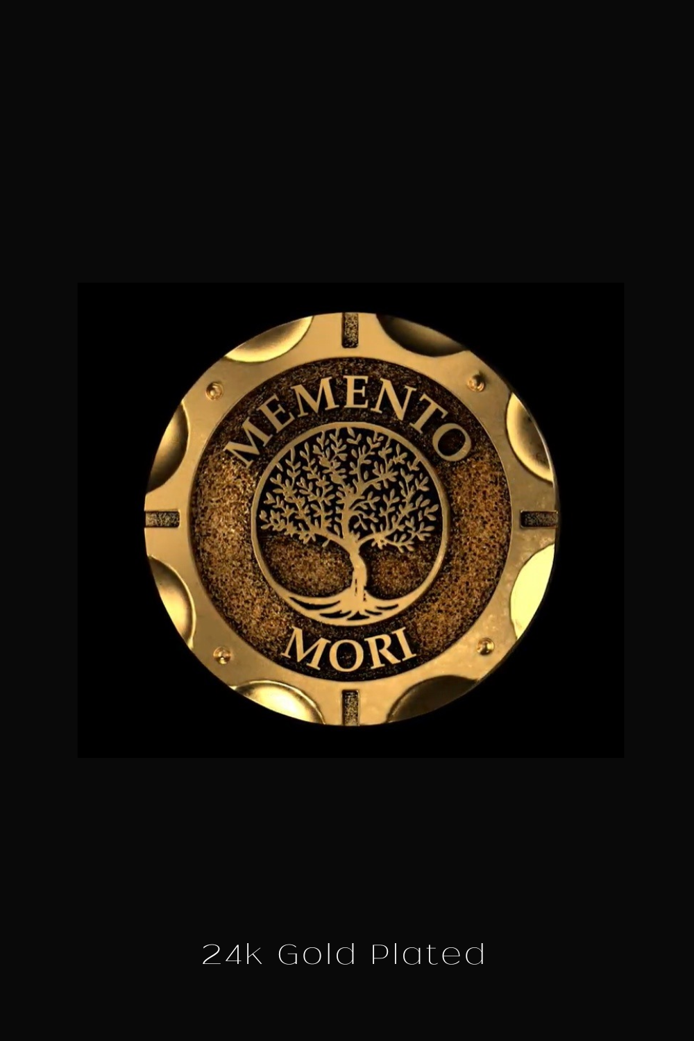 The image is a 24k gold-plated coin featuring the motto "MEMENTO MORI" and a tree design.