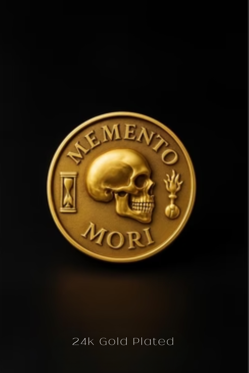 The image is a 24k gold plated coin featuring a skull and the motto "MEMENTO MORI" (Memento Mori).
