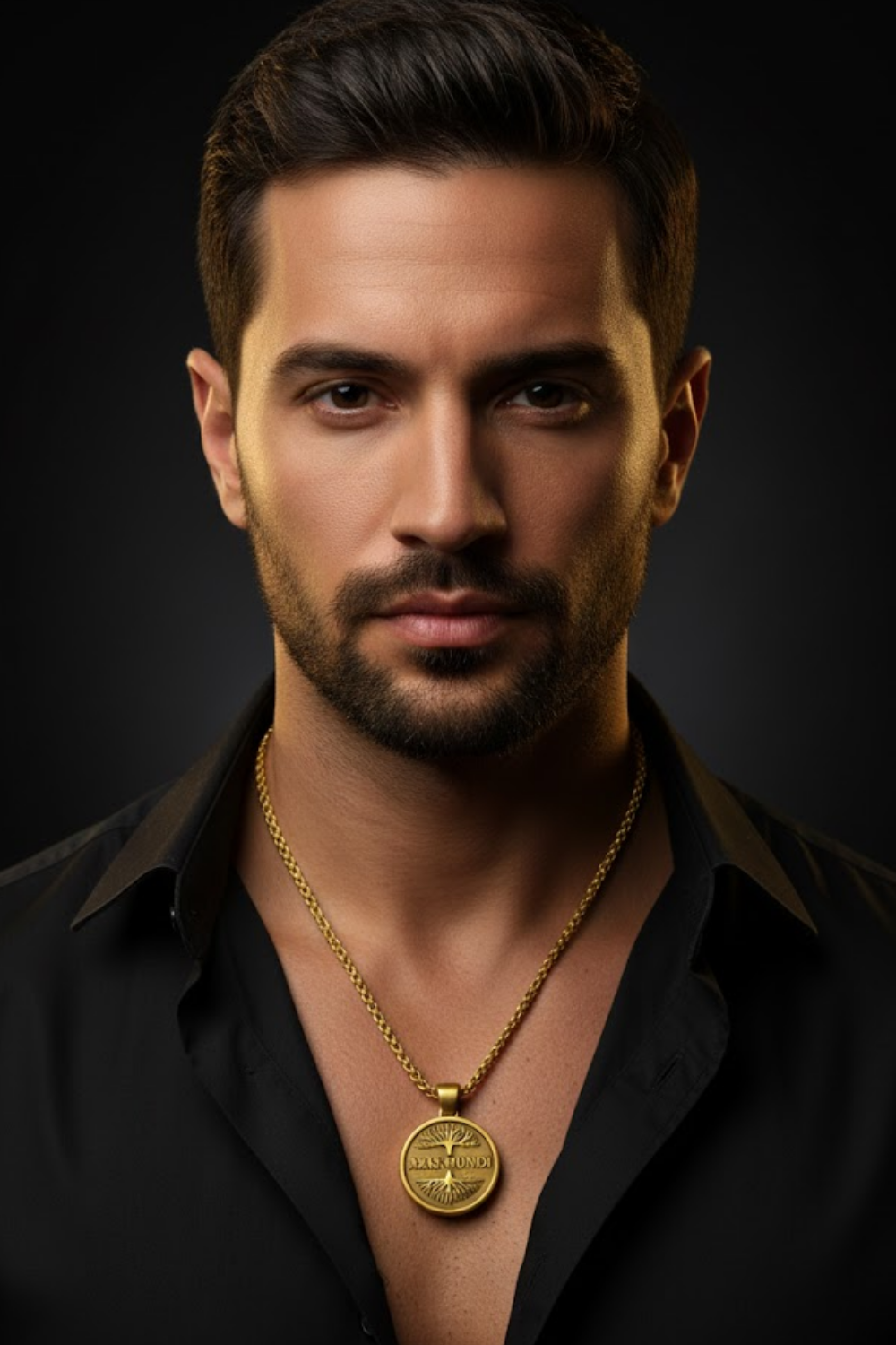 A man with a beard wearing a black shirt and a gold necklace with a pendant.