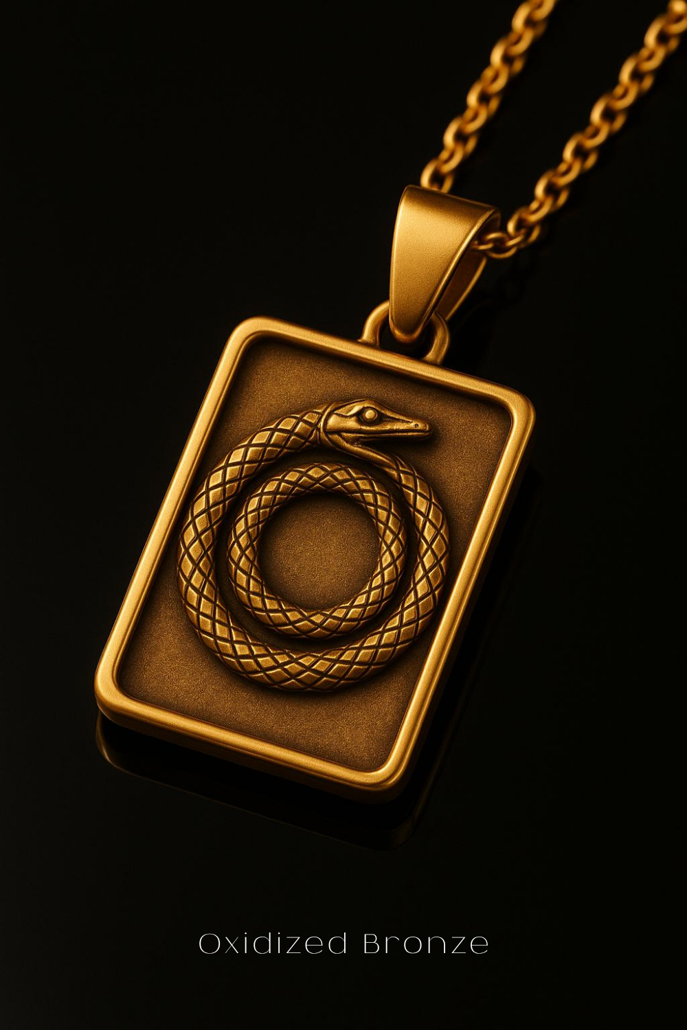 A close-up image of a gold-colored pendant featuring a snake design, with the text "Oxidized Bronze" below it.