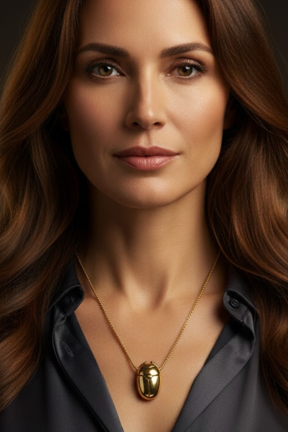 A close-up portrait of a woman with long, wavy brown hair wearing a necklace with a pendant. She is looking directly at the camera with a serious expression.