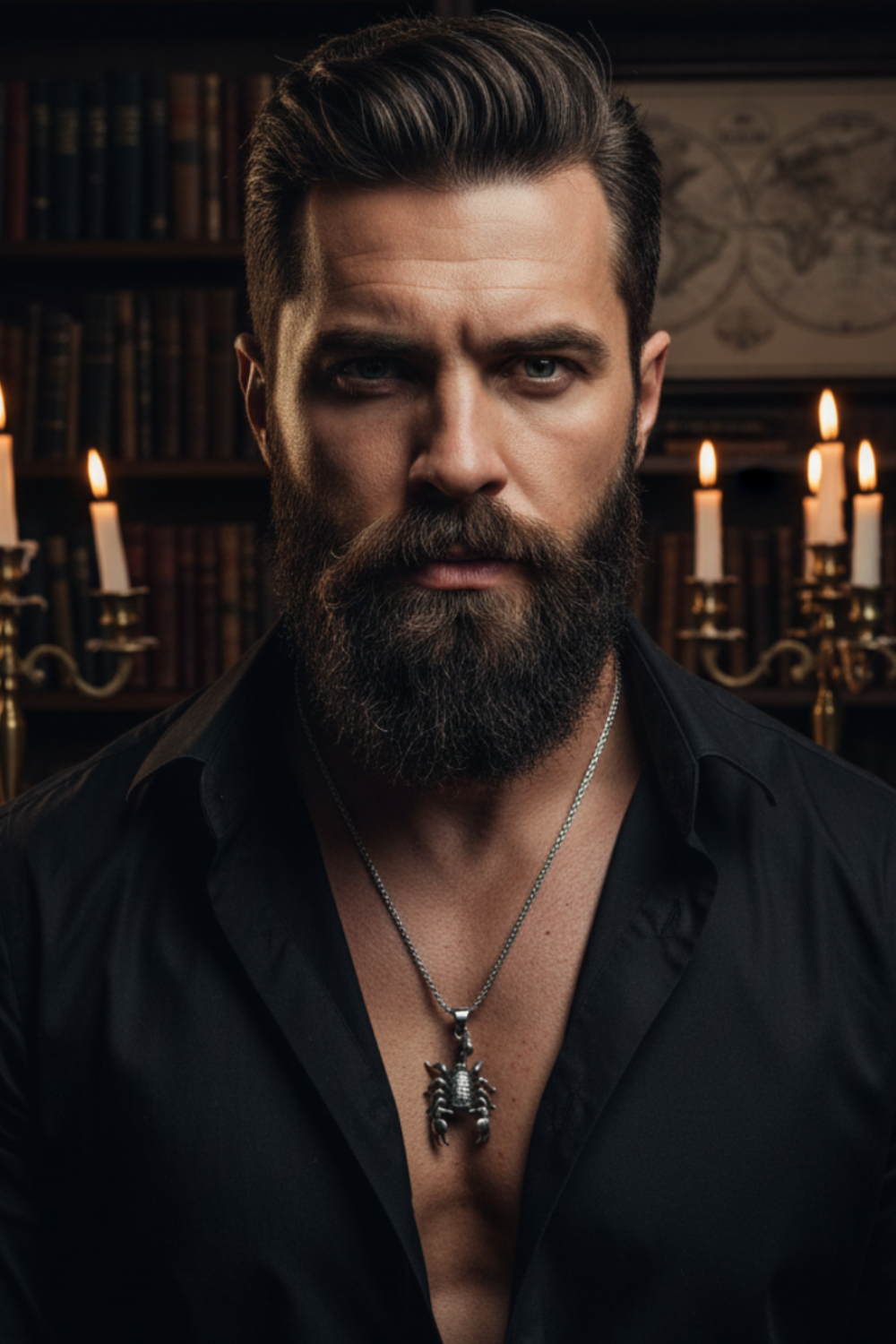 A man with a beard wearing a black shirt and a necklace with a pendant stands in front of a bookshelf with lit candles.