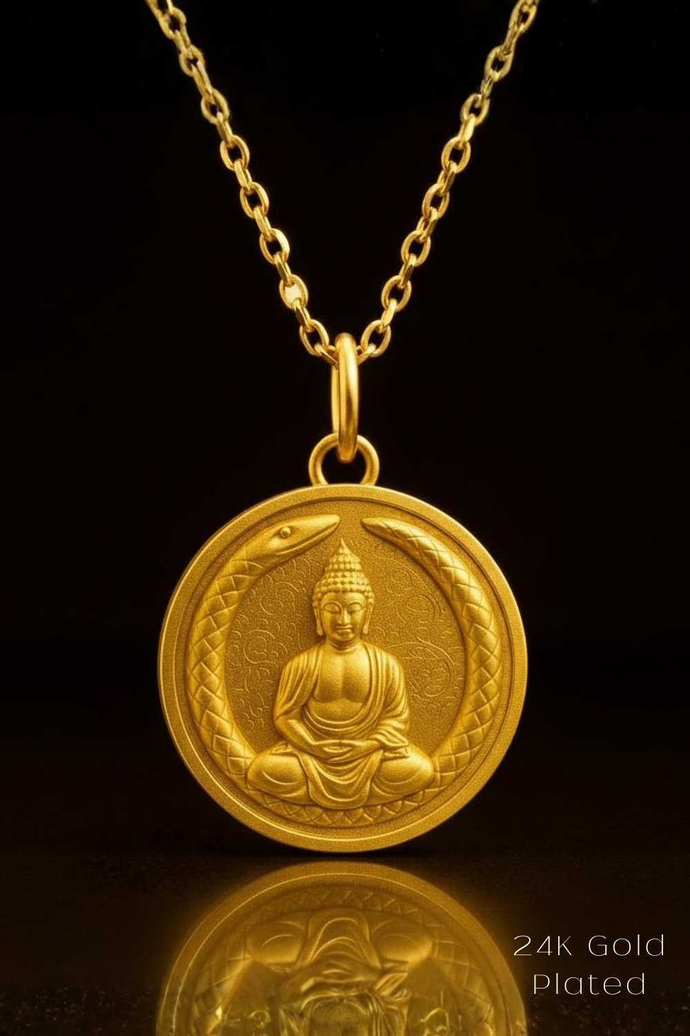A 24K gold plated pendant featuring a Buddha meditating in a crescent moon design.