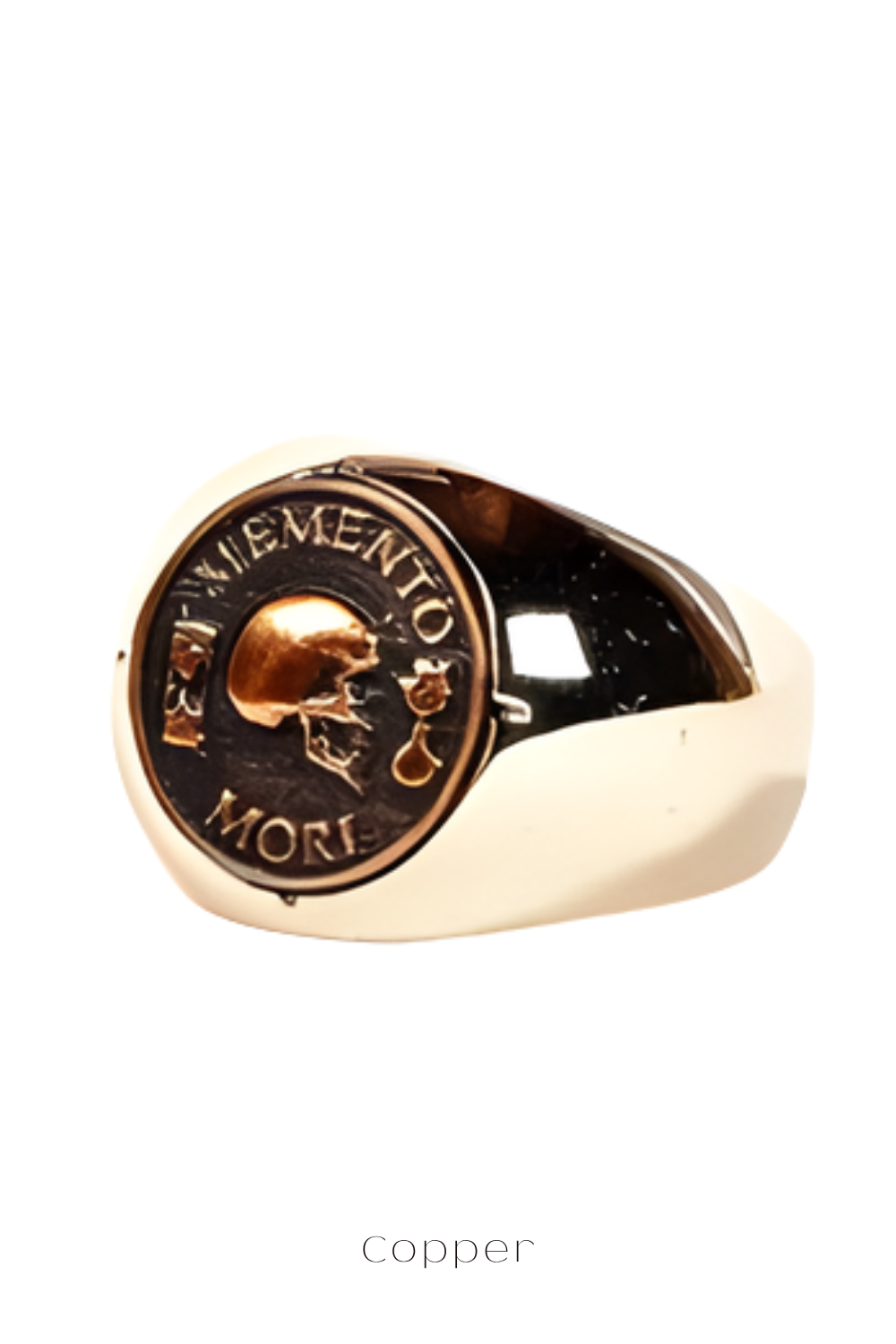 A gold ring with a bronze-colored emblem featuring a skull and the Latin phrase "MORI" on it.