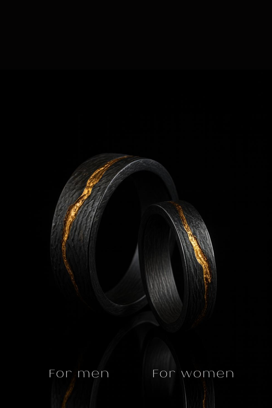 Two black rings with gold accents, one larger and one smaller, are displayed against a black background.