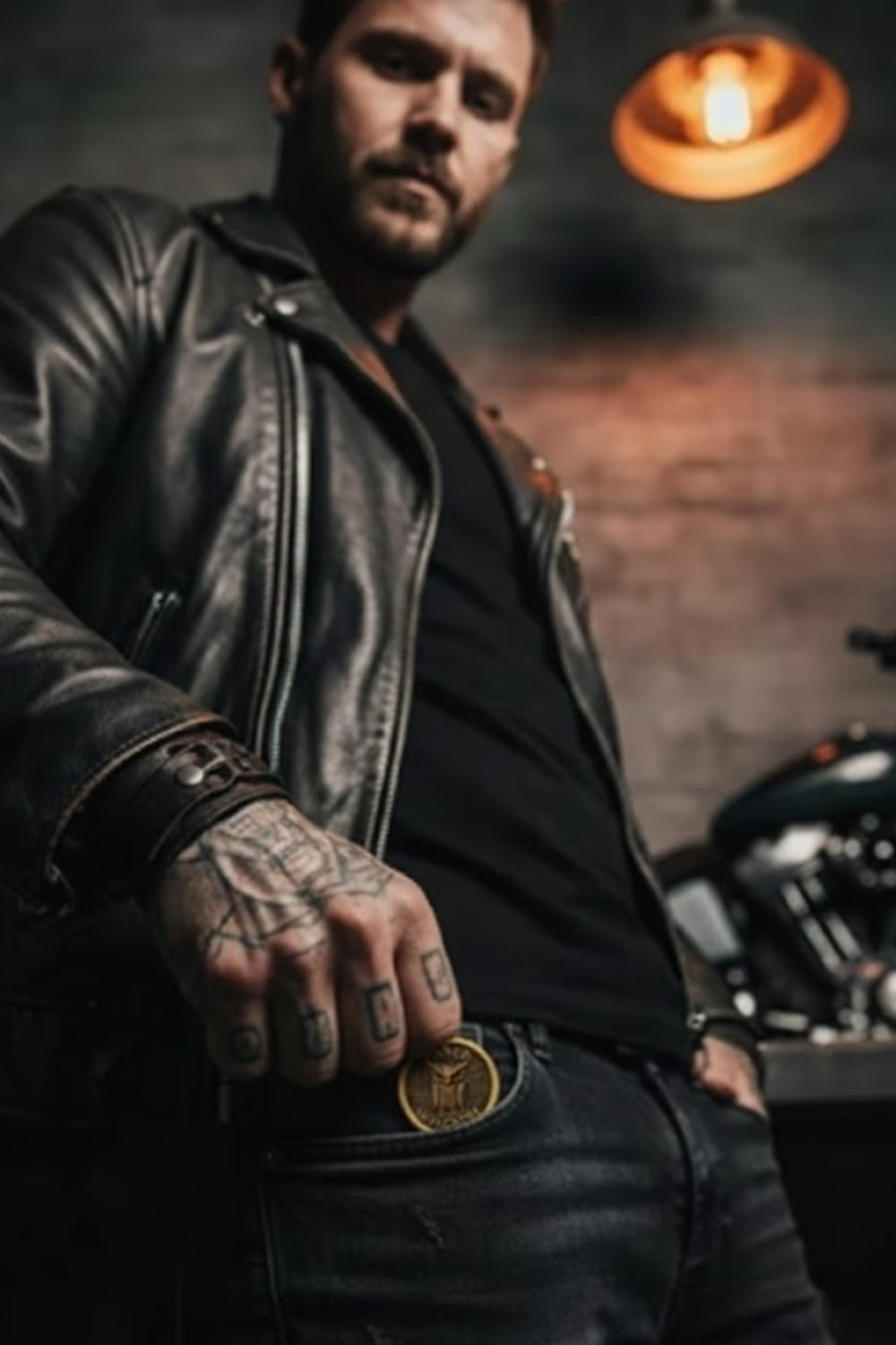 A man in a leather jacket stands in a dimly lit room, with a motorcycle visible in the background.