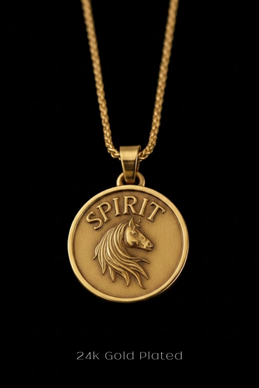 A gold-plated pendant necklace with a circular medallion featuring a horse's head and the word "SPIRIT" engraved on it.