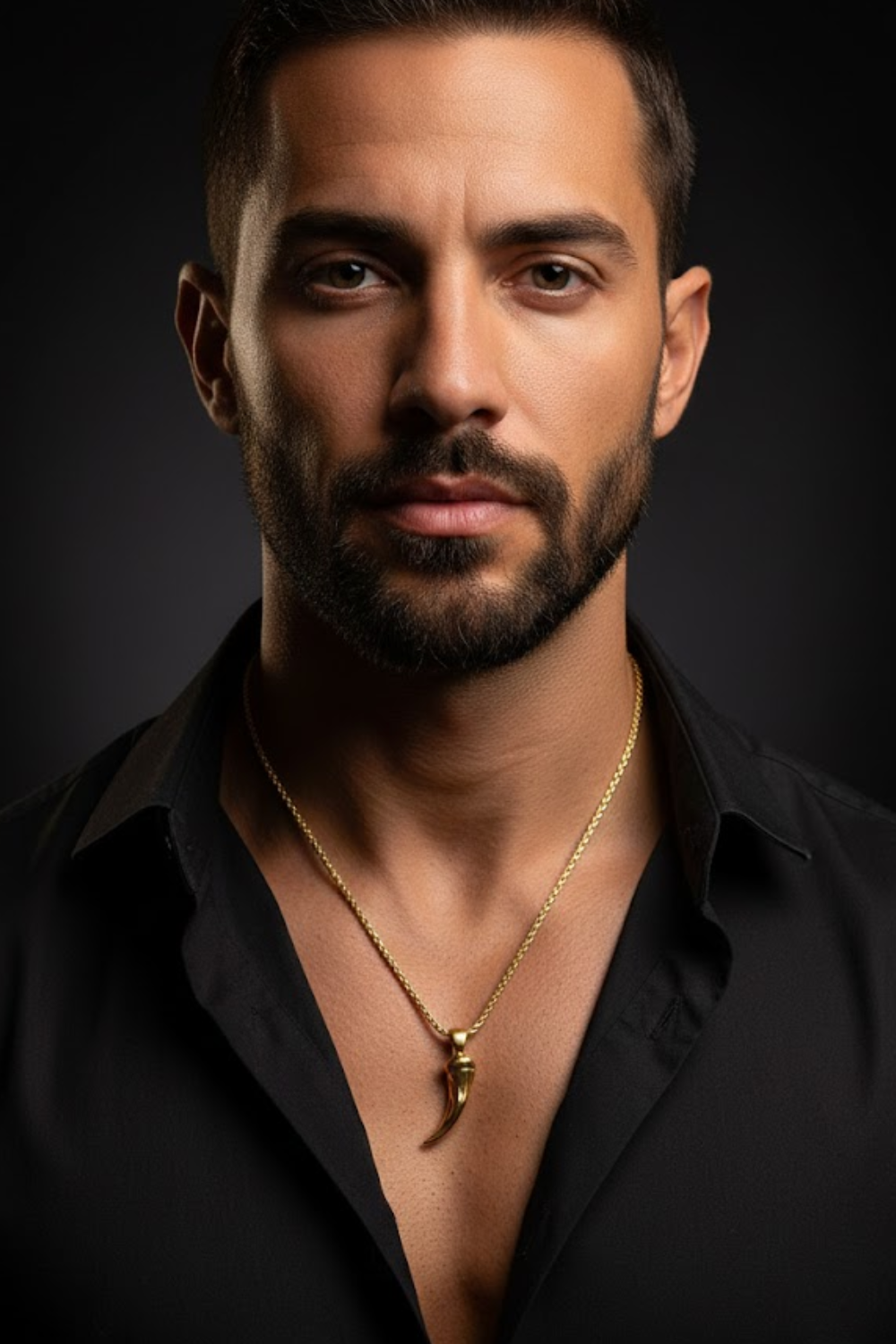 A man with a beard wearing a black shirt and a gold necklace is the focus of the image.